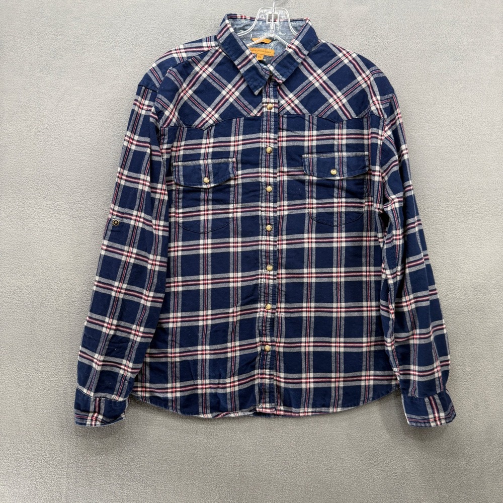 Jacks Girlfriend Snap Shirt XL Button Navy Blue Plaid Western Roll Tab